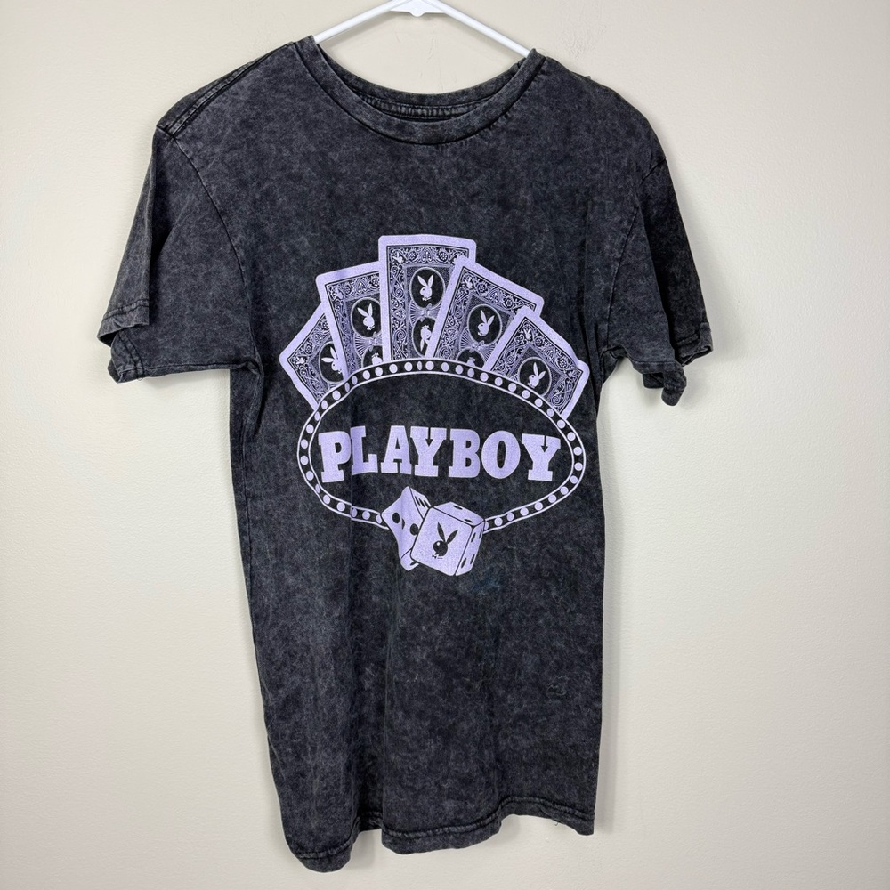 Playboy Top Mens Small Oversized Distressed Cards Dice Graphic Gray Purple Shirt
